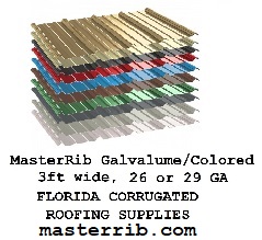 Florida Corrugated, MasterRib PBR corrugated sheet metal, hex screws, ridge caps, APS500 sealant, shears, snipps, and roofing supplies